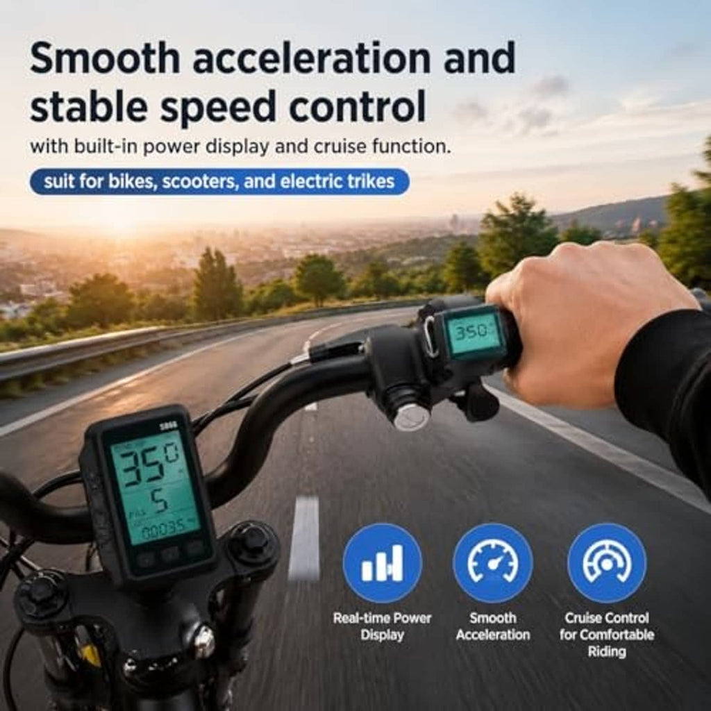 Thumb throttle with LCD display mounted on bicycle handlebar for speed control