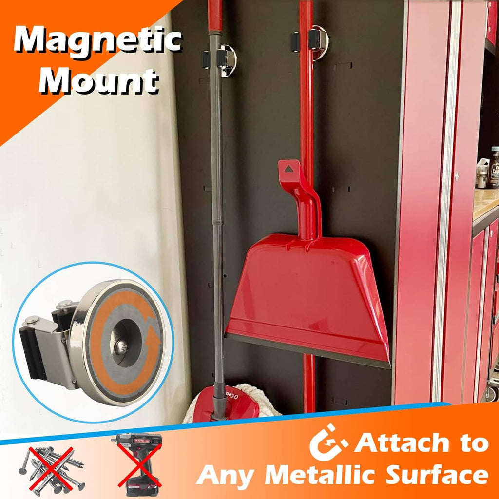 Magnetic broom holder mount with round magnet base holding a broom on metal surface