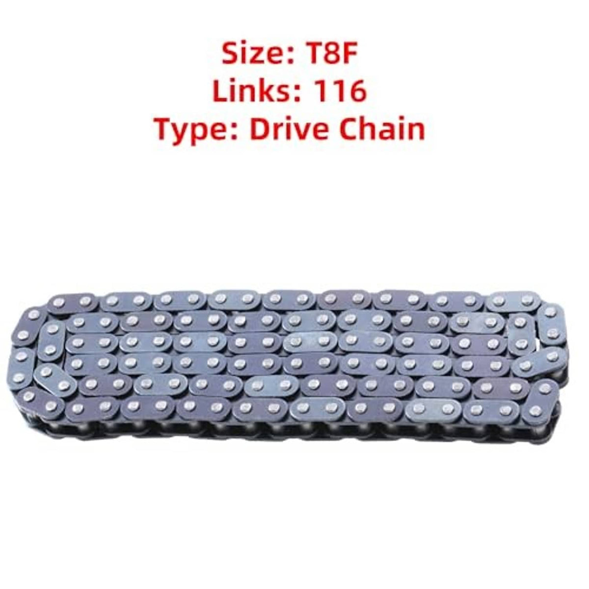 Dark blue drive chain with 116 links, silver pins; size T8F