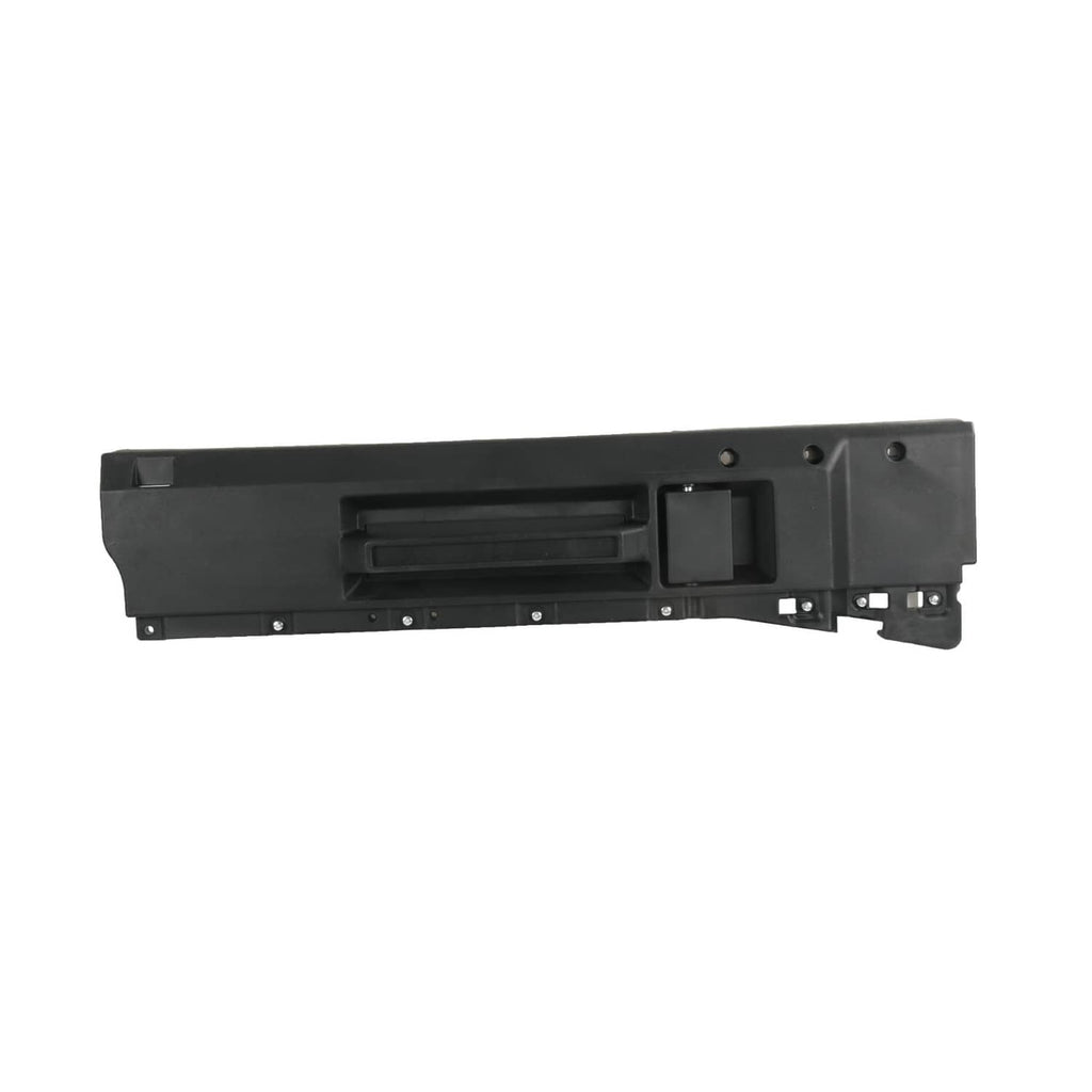 Black interior door handle trim panel with recessed handle and row of mounting holes