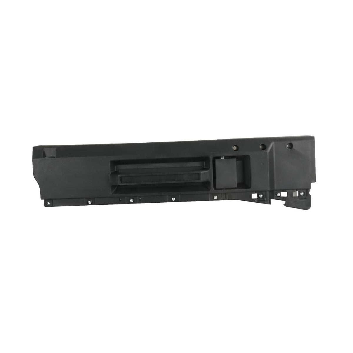 Black interior door handle trim panel with recessed handle and row of mounting holes