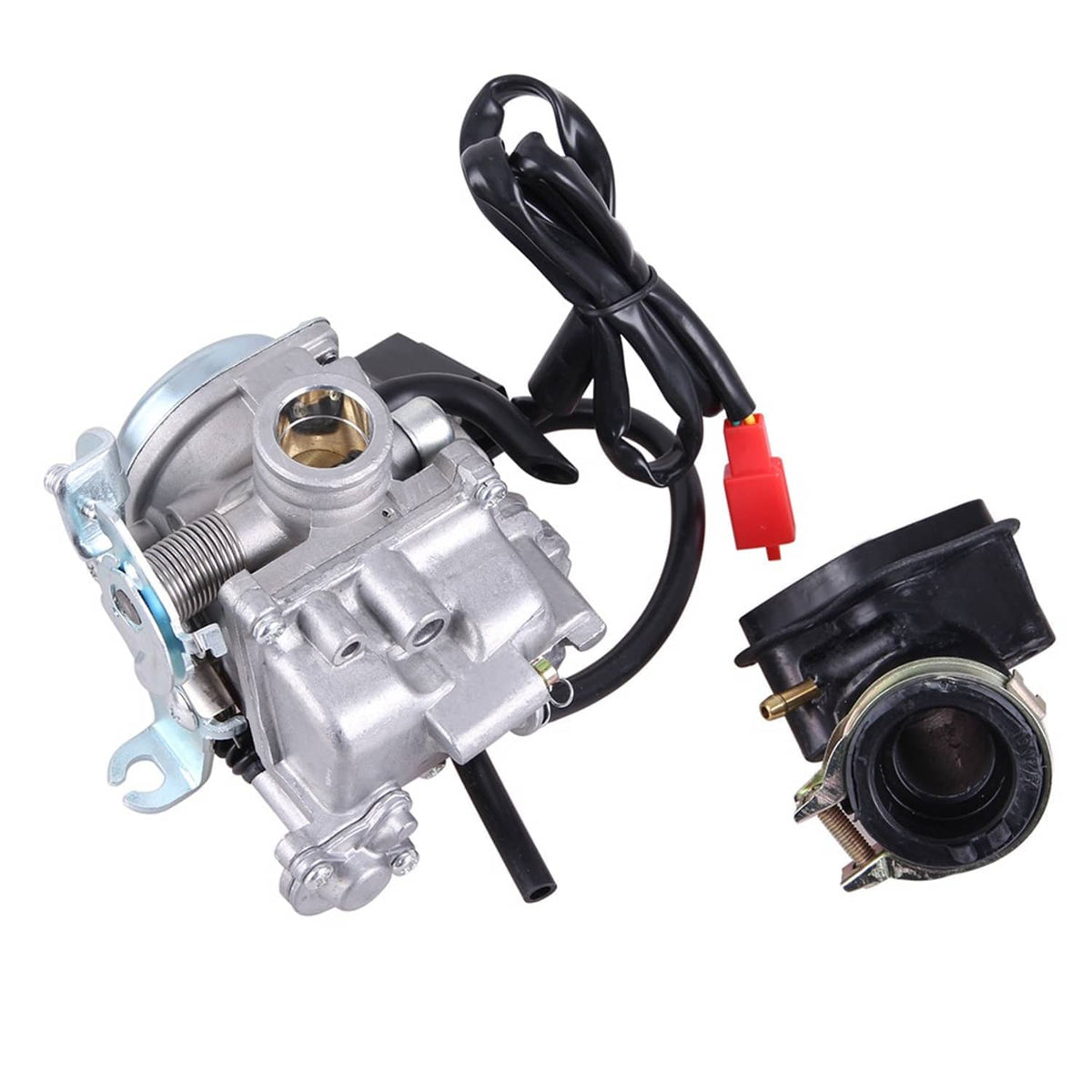 Carburetor with silver metal casting, black hoses, and intake port with mounting bracket