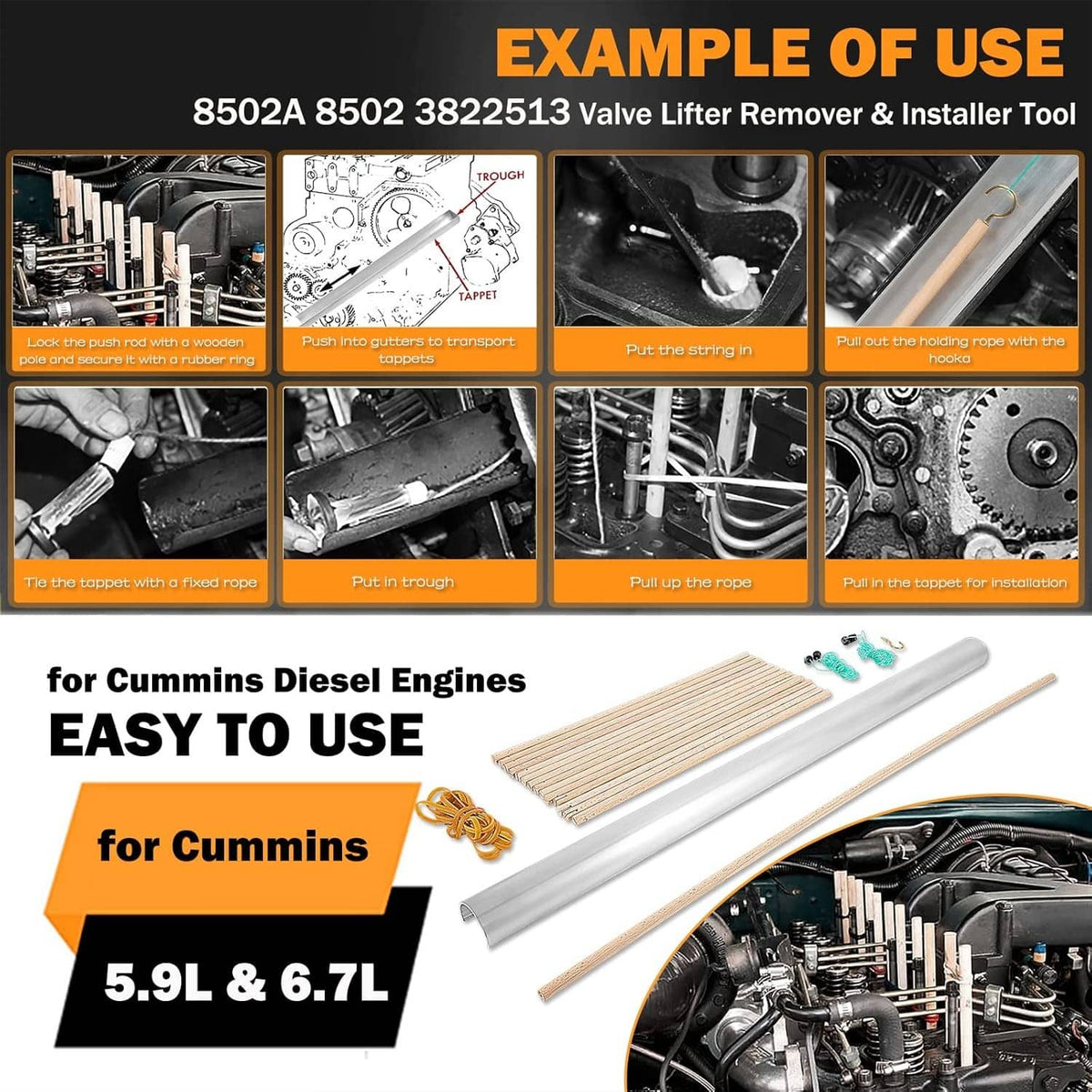 Valve lifter remover and installer tool with metal trough, dowel rods, and small parts