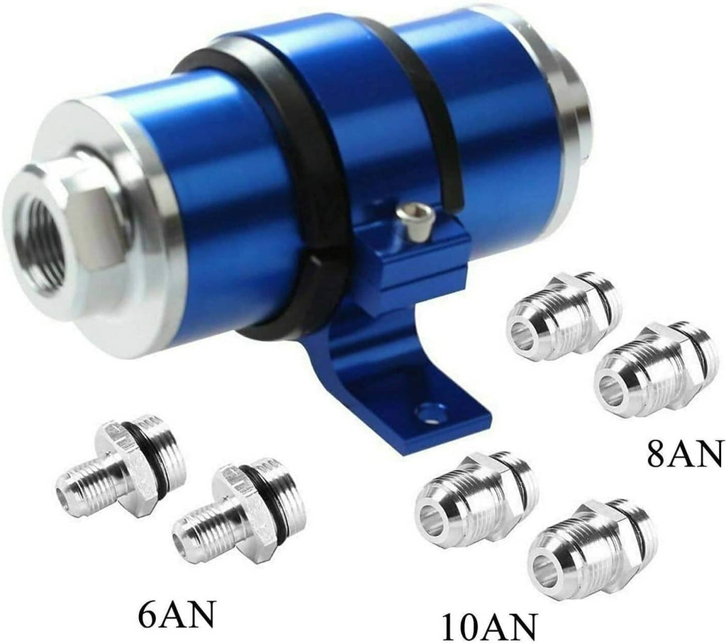Blue inline fuel filter with mounting bracket and multiple AN fitting adapters