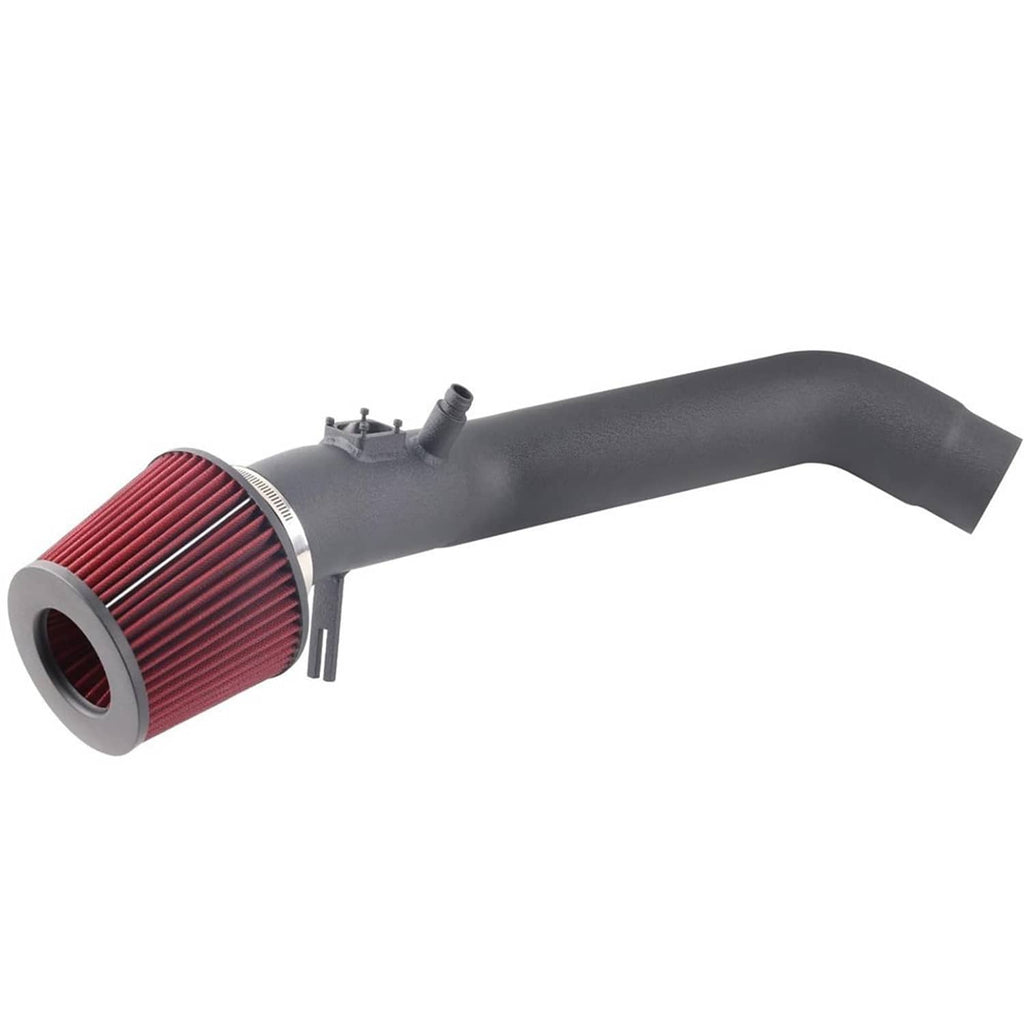 Cold air intake tube with red cone filter and metal clamp
