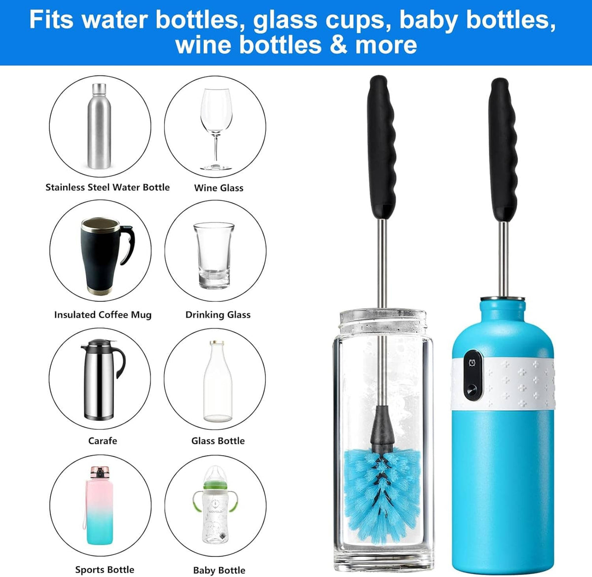 Bottle cleaning brush used for various drink containers, with blue bristle head and rod