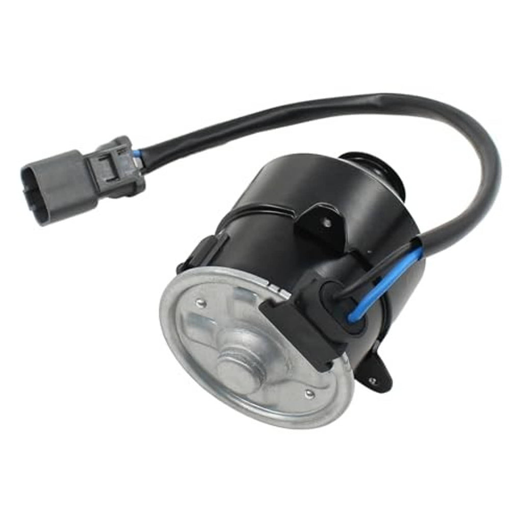 Engine radiator cooling fan motor with silver metal housing end and gray plug connector
