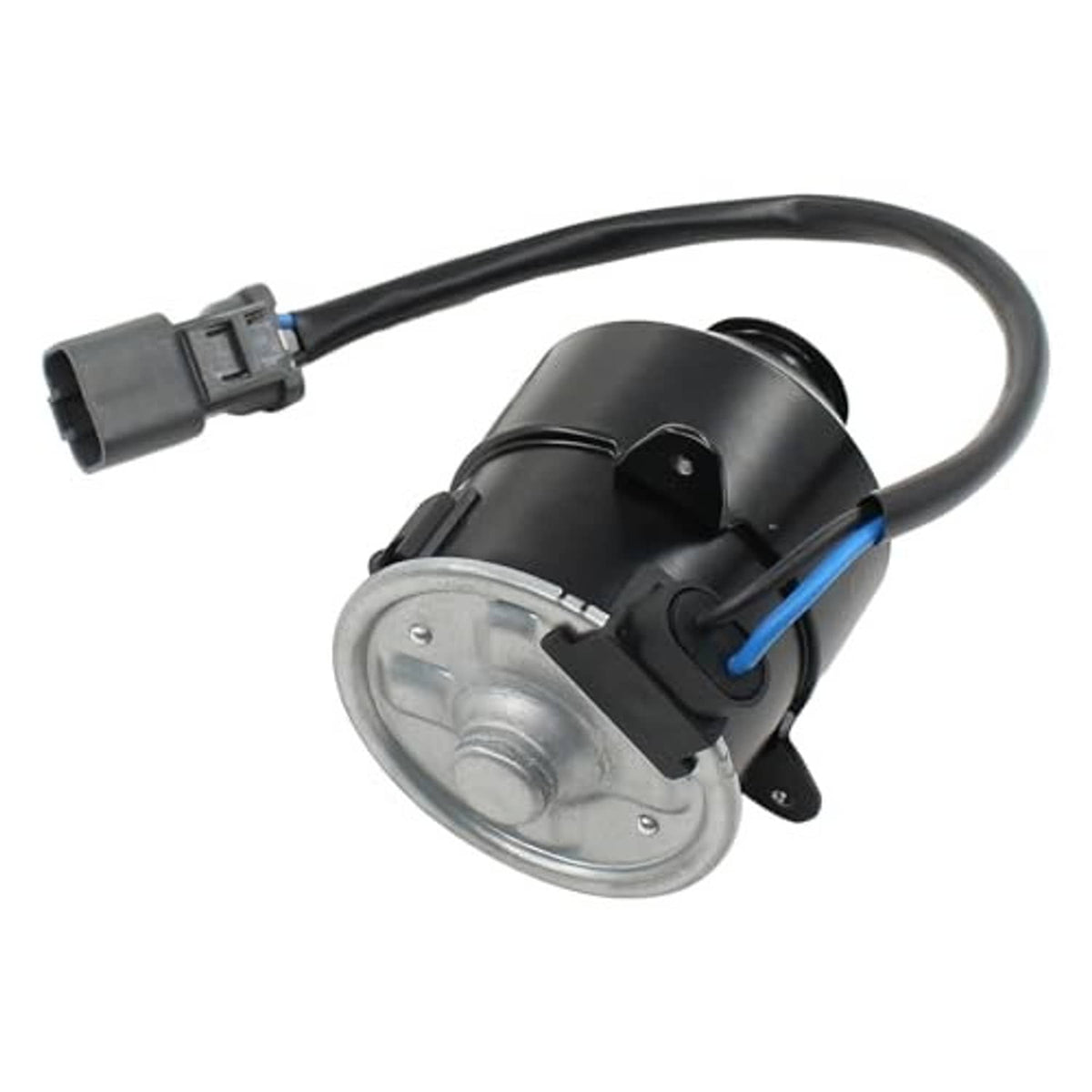 Engine radiator cooling fan motor with silver metal housing end and gray plug connector