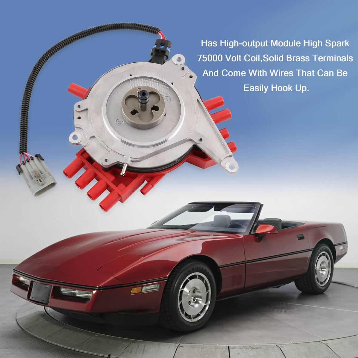 Ignition distributor assembly with black wire harness, blue sensor connector, red terminal blocks
