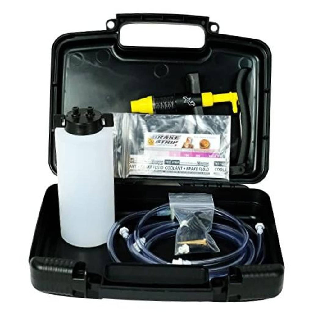 Brake and clutch bleeder kit in black hard case with bottle, hoses, and test strips