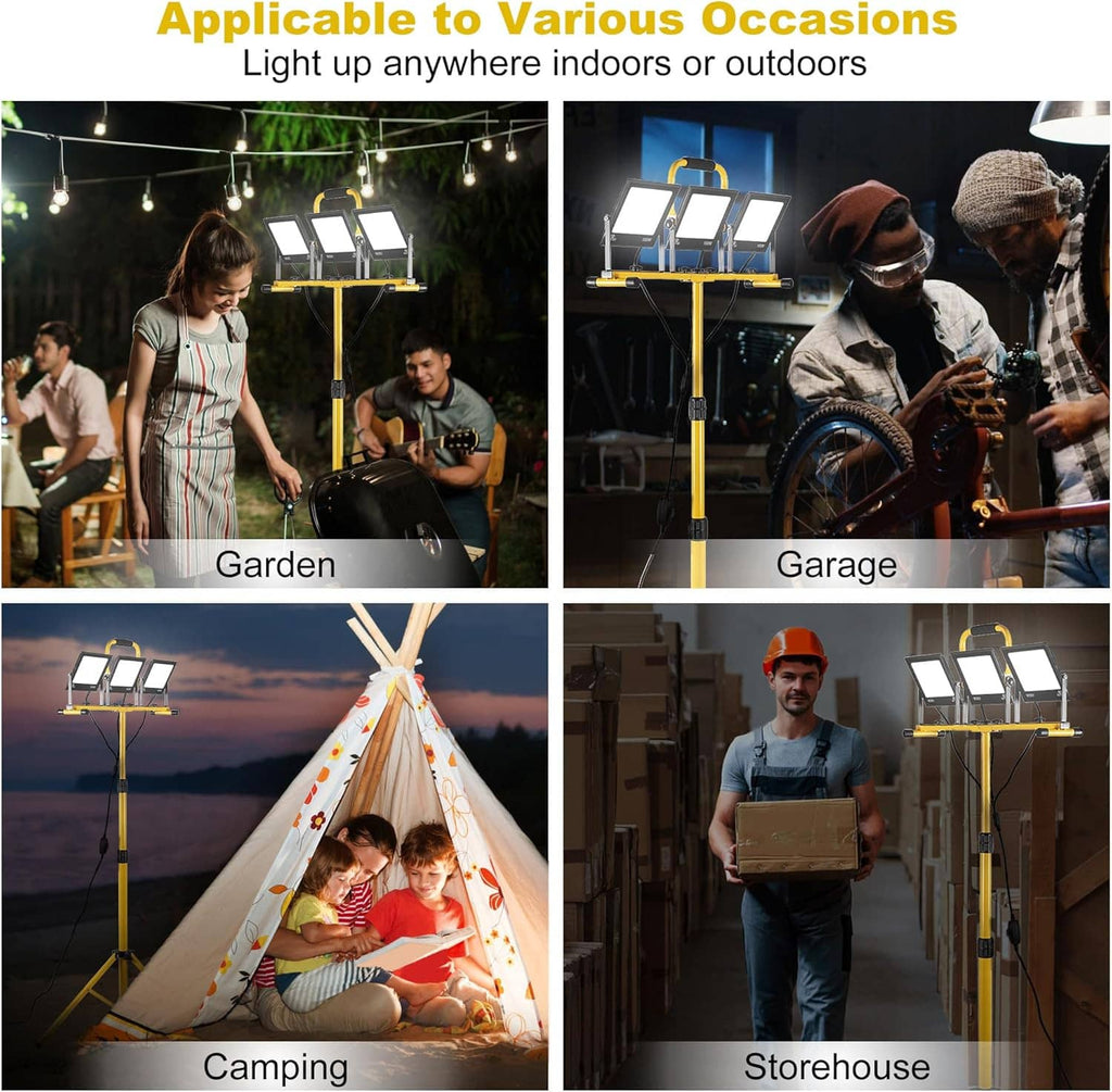 Portable tripod LED work light for indoor or outdoor use, with adjustable stand