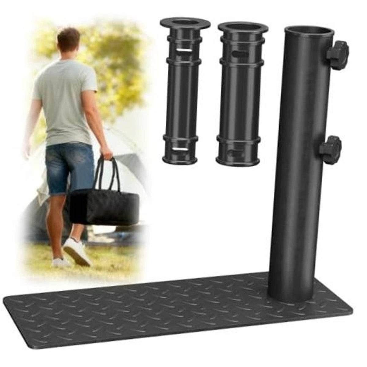 Black flag pole tire mount holder with upright sleeve and diamond-plate base pad
