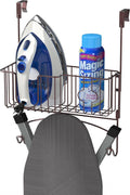 Bronze over-the-door ironing board organizer with wire rack and hanging hooks