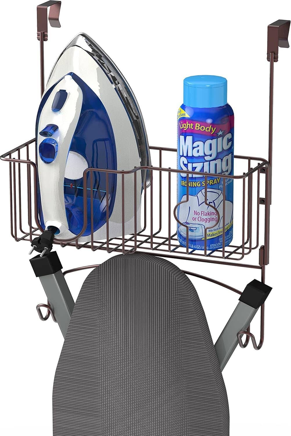 Bronze over-the-door ironing board organizer with wire rack and hanging hooks