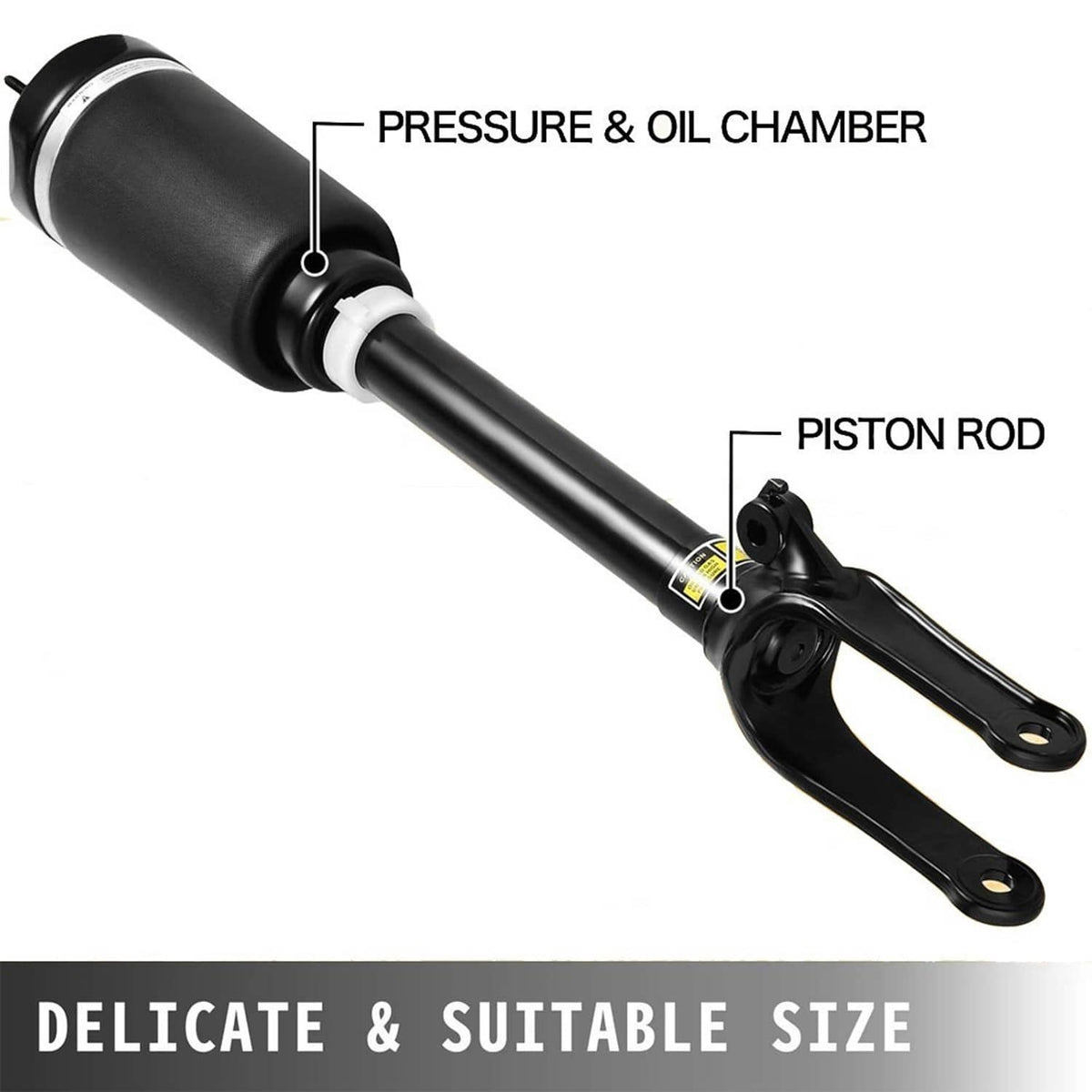 Close-up of black air suspension strut showing piston rod and mounting fork