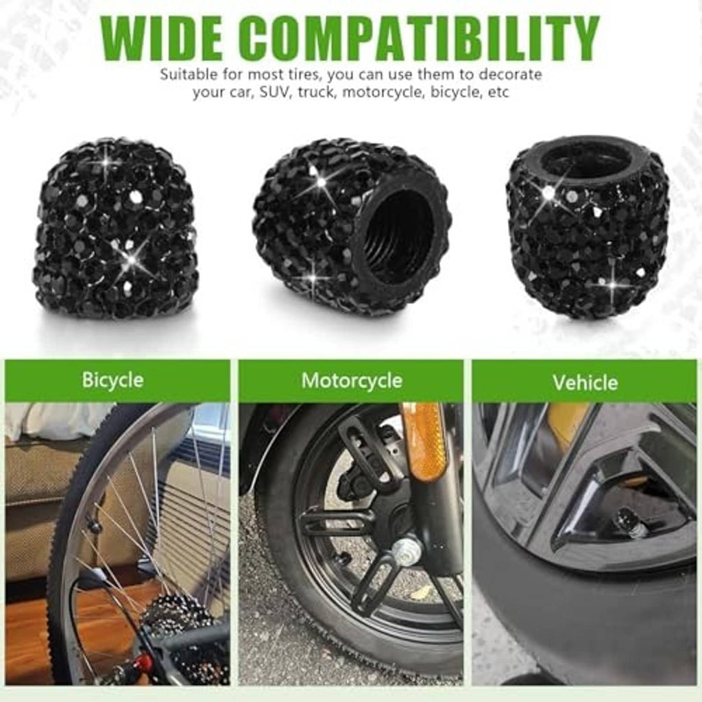 Black rhinestone tire valve stem caps, round faceted sparkle design for vehicles