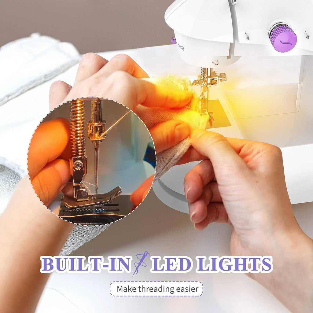 White sewing machine with built-in LED lights illuminating the presser foot