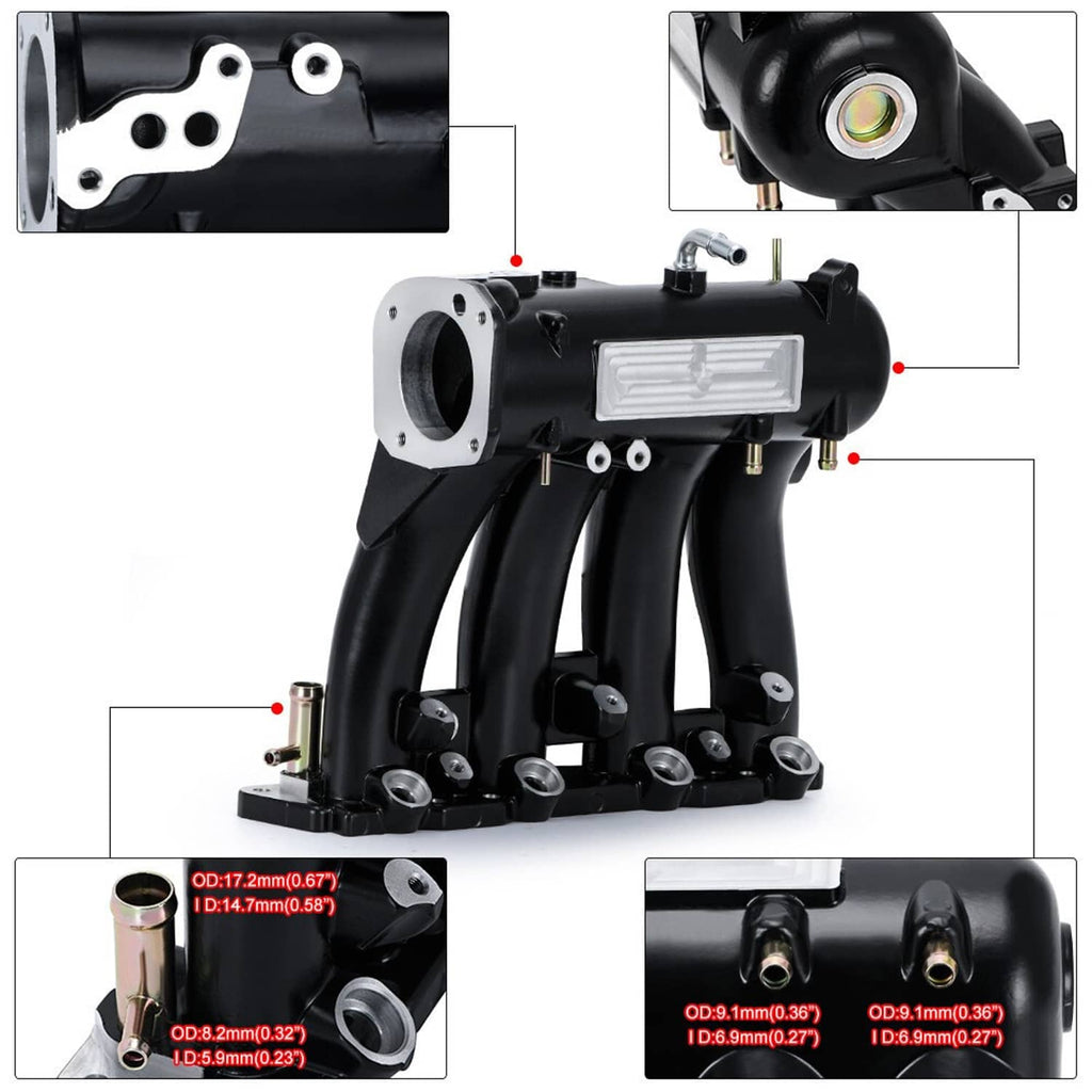 Black intake manifold with silver throttle-body mounting plate and sensor ports
