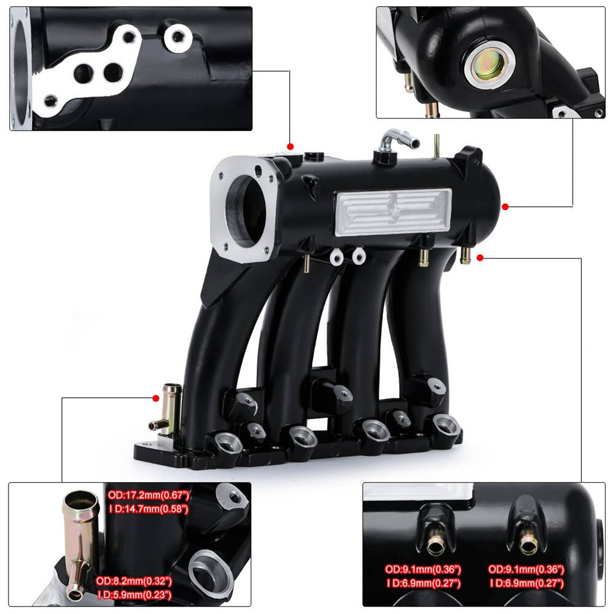Black intake manifold with silver throttle-body mounting plate and sensor ports