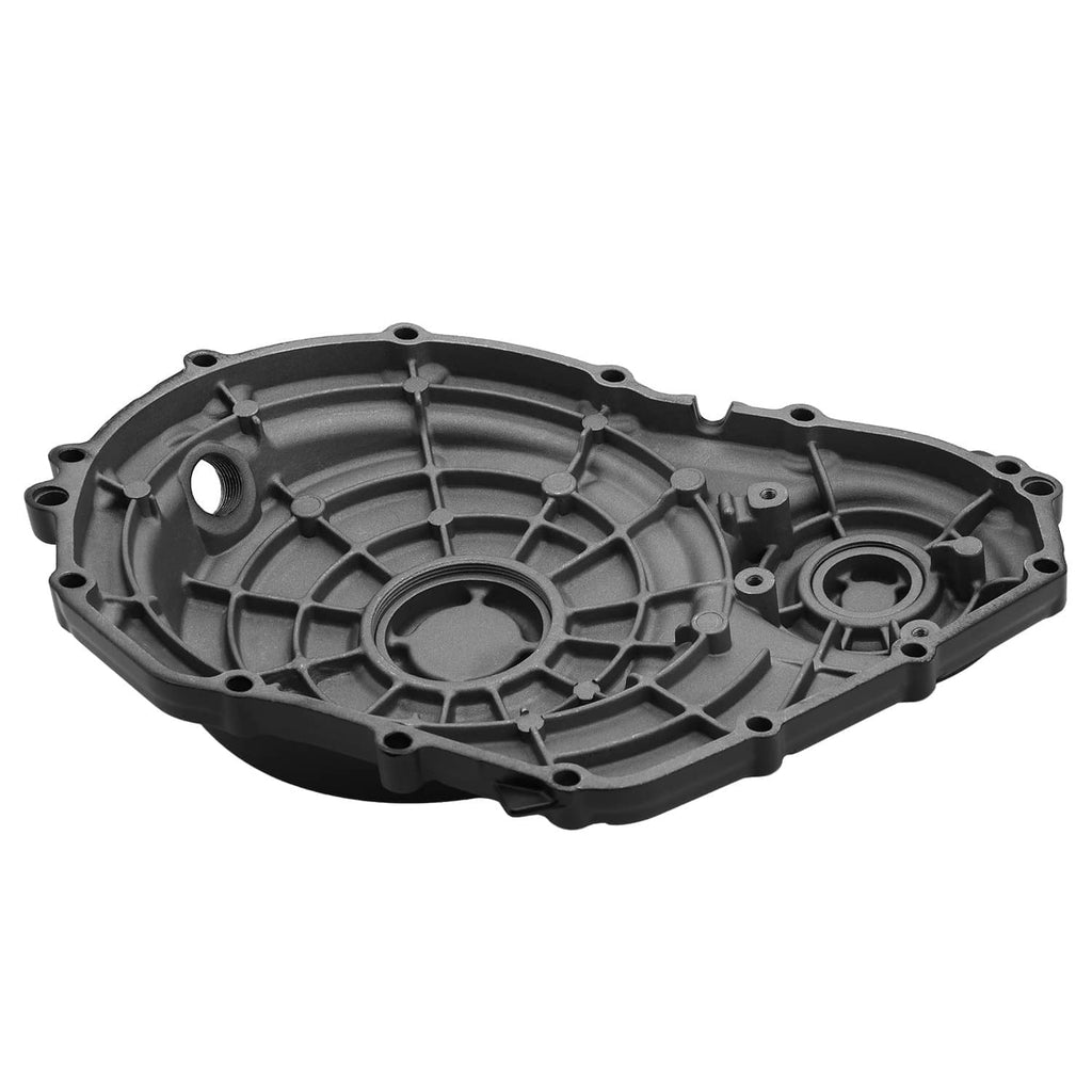 Dark aluminum engine case cover with circular ribs and mounting holes