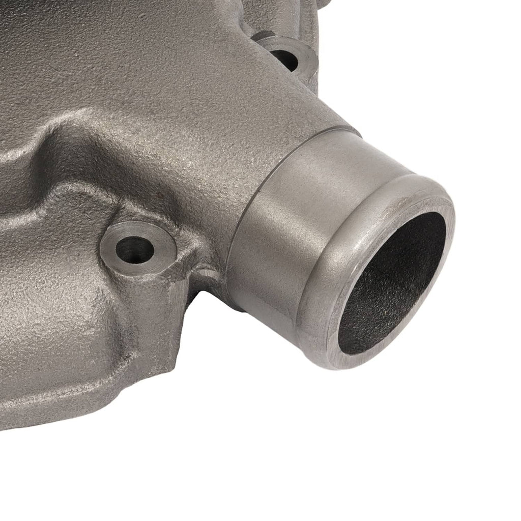 Close-up of metal water pump outlet neck and smooth cylindrical pipe opening
