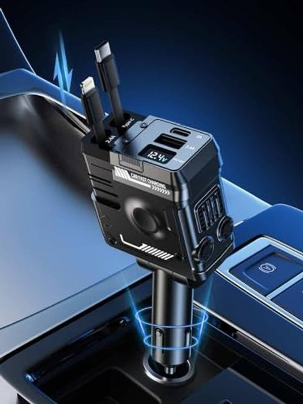 Retractable 4-in-1 car phone charger on mount with LED voltage display
