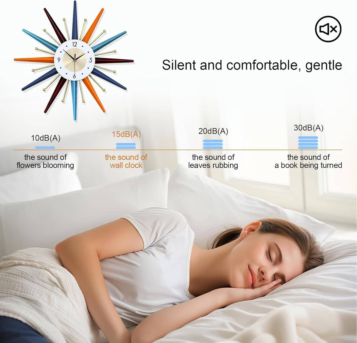 Starburst wall clock with multicolor rays and white dial above a bed.