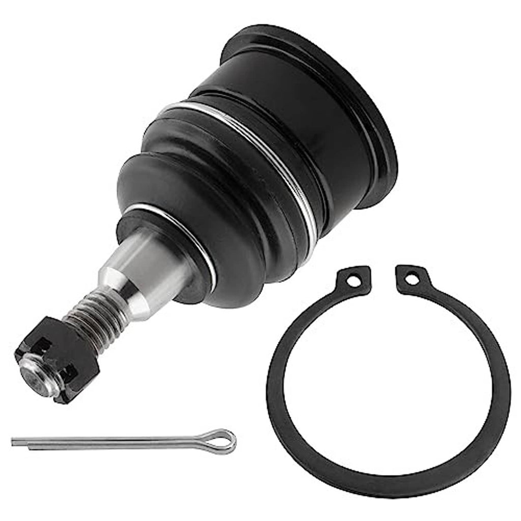 Front upper ball joint with black boot, silver metal stud, hex nut, retaining ring, cotter pin