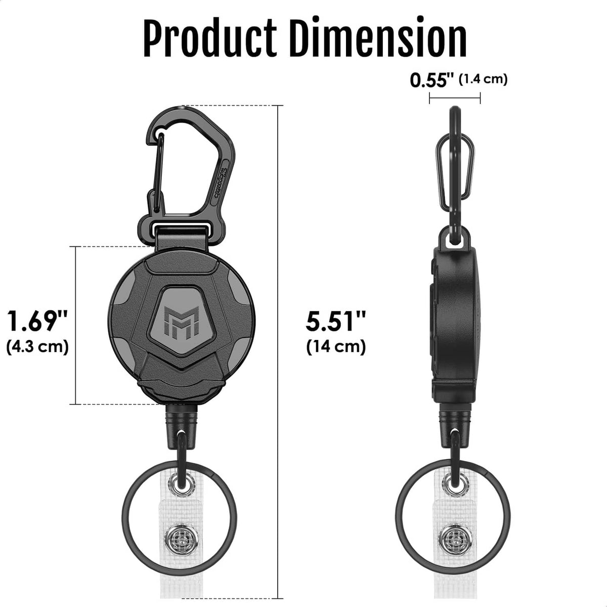 Retractable badge keychain with black casing, carabiner top, and circular keyring badge clip