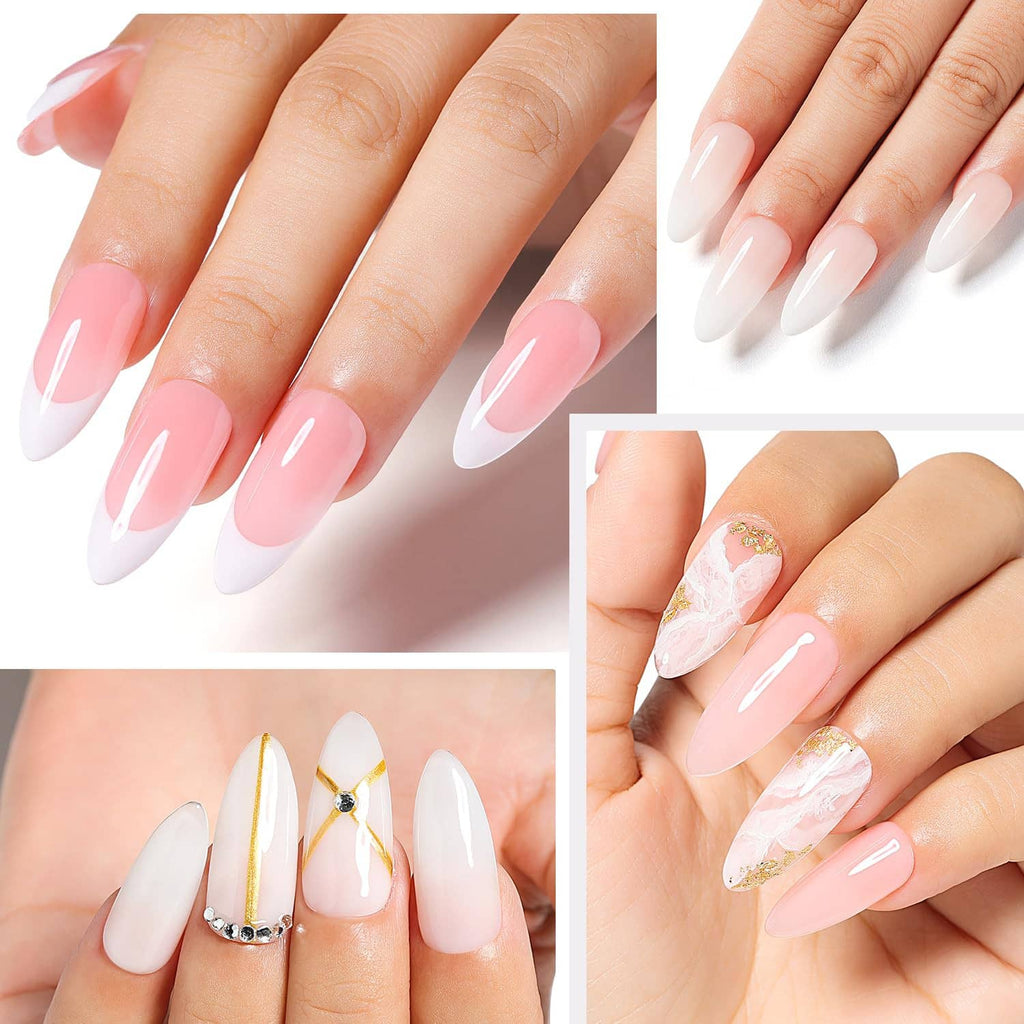 Glossy clear and pink builder base nail look on long shaped nails