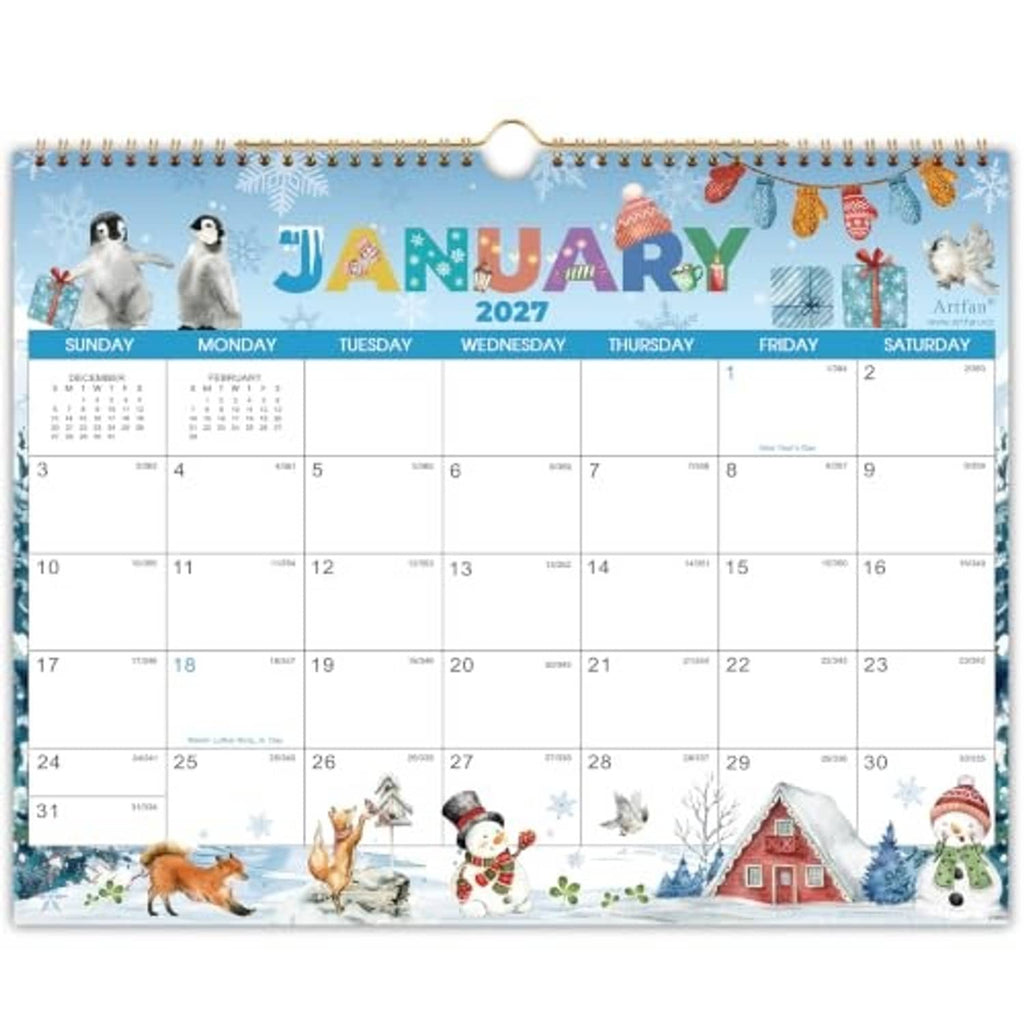 January 2027–style wall calendar view, snowy winter animal artwork and grid days