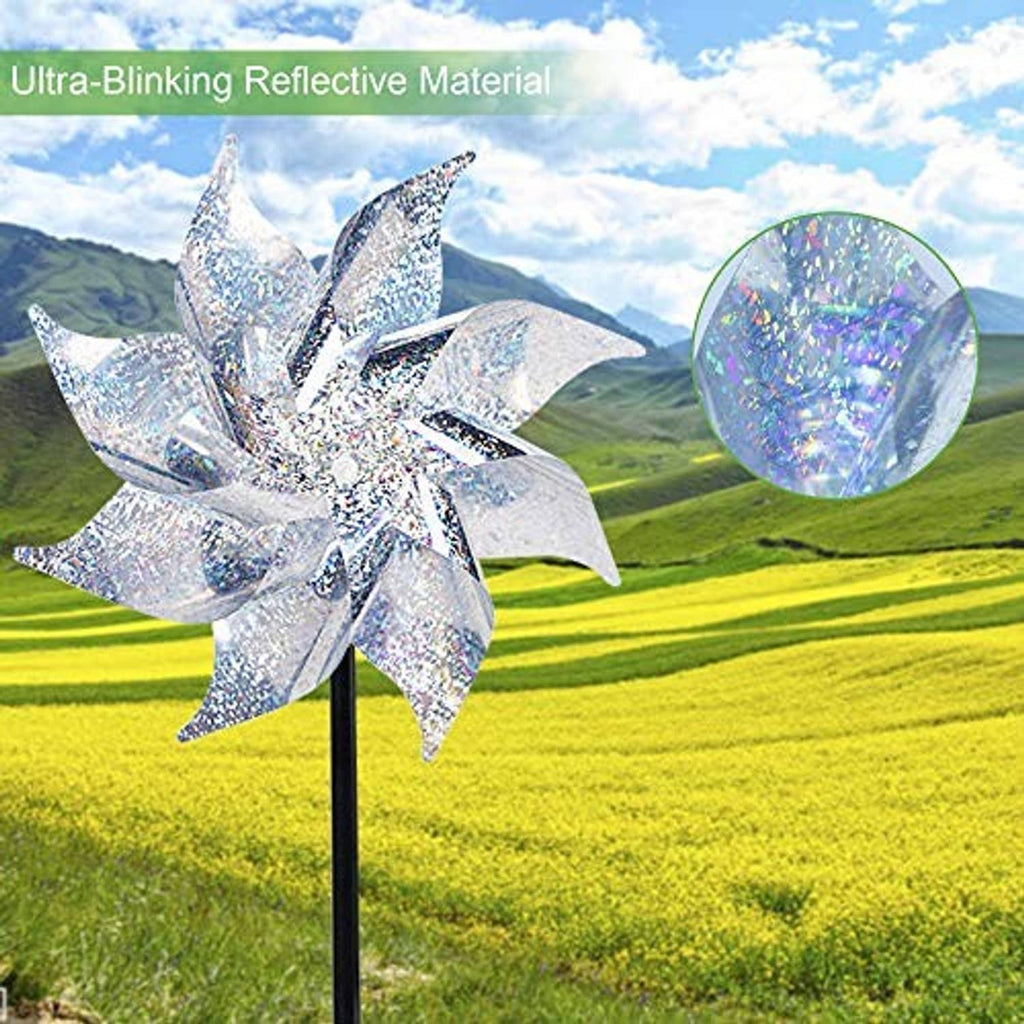 Reflective silver pinwheel on black stake with holographic sparkle blade surfaces