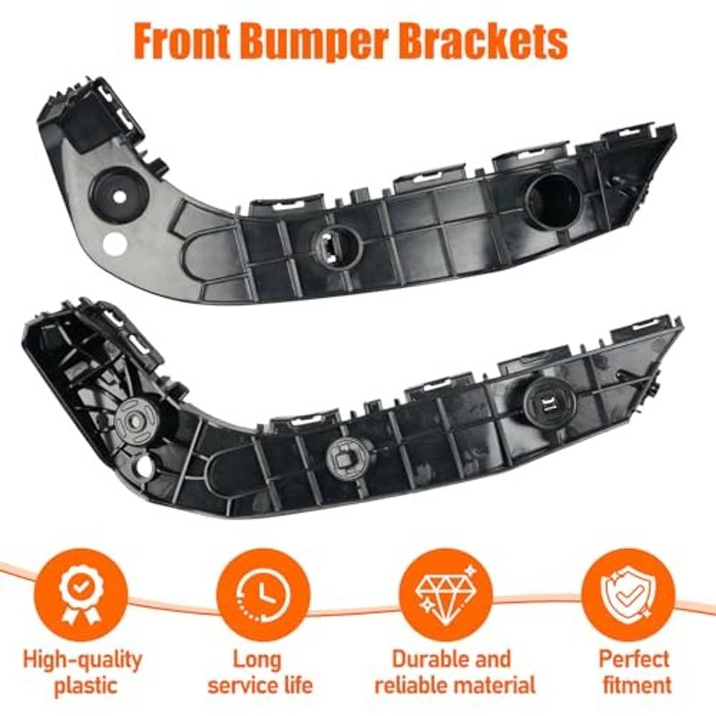 Front bumper brackets, black plastic with mounting tabs and circular mounting holes