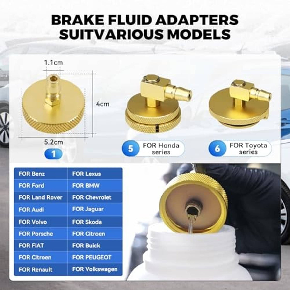 Brass brake fluid adapter set with multiple connectors for different vehicle fittings