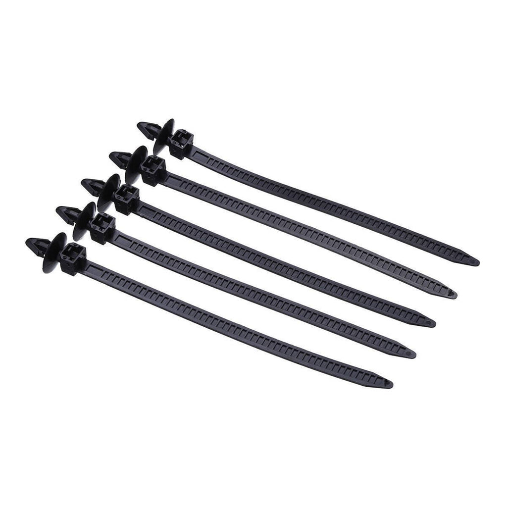 Three black push-in trim retainer clips, ribbed body with multiple push pins