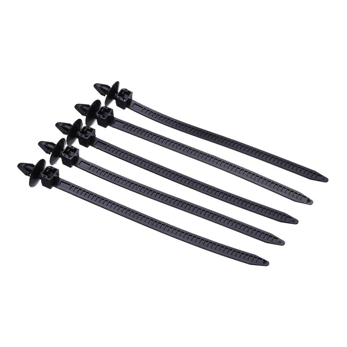 Three black push-in trim retainer clips, ribbed body with multiple push pins