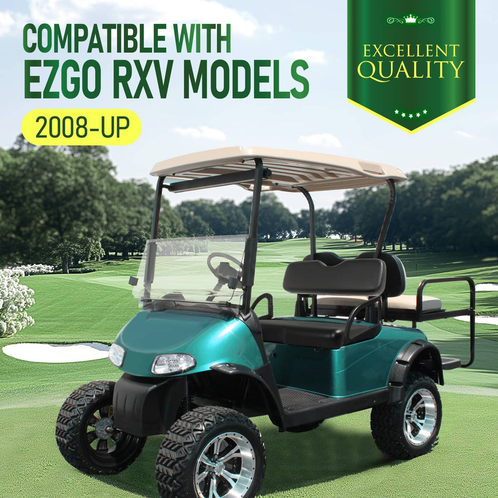Black seat bottom and backrest cushions on compatible golf cart