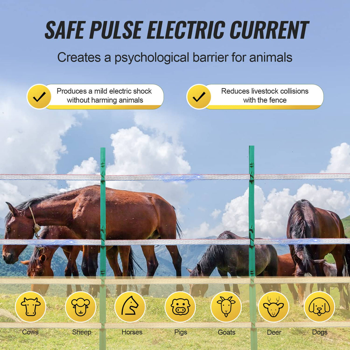 Installed electric fence tape with red-white-blue three-tone strands between green posts