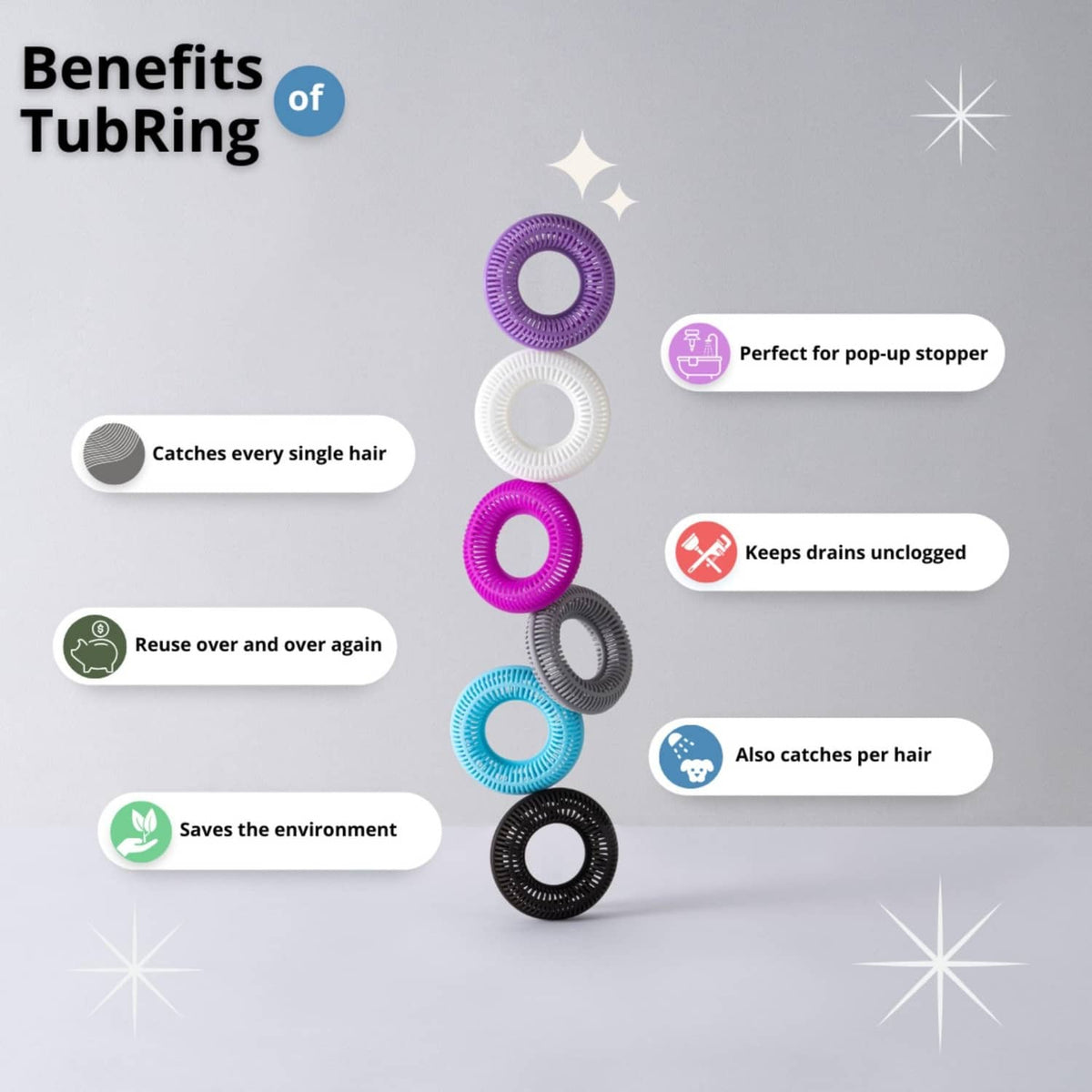 Stack of pop-up hair catcher rings in multiple colors, including sage green