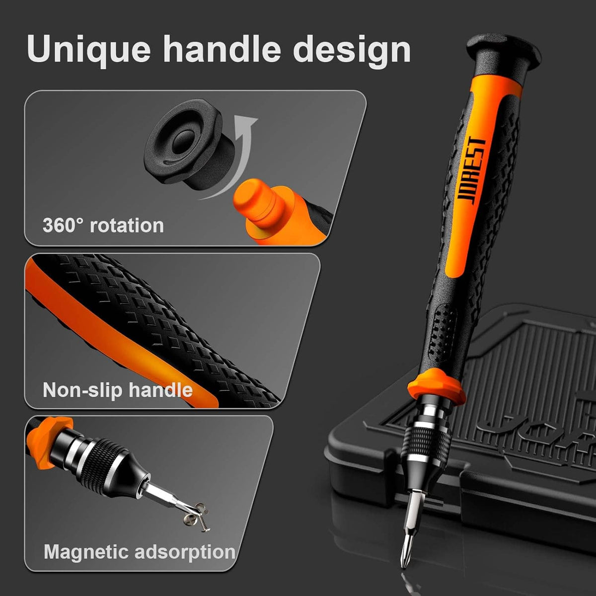 Orange-and-black precision screwdriver with knurled, non-slip grip and 360° rotating head