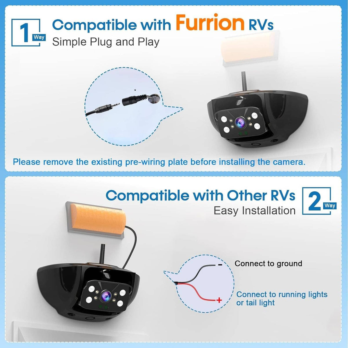 Wireless RV backup camera setup with black monitor and camera module