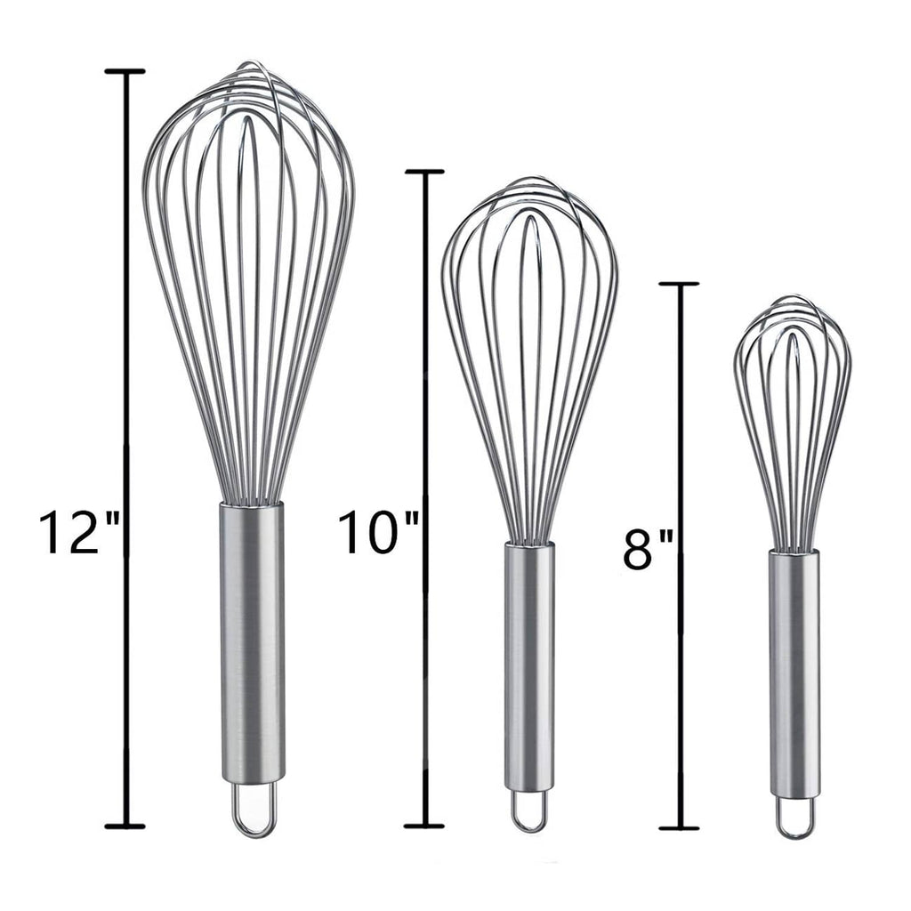 3 stainless steel whisks with lengths 8, 10, and 12 inches shown