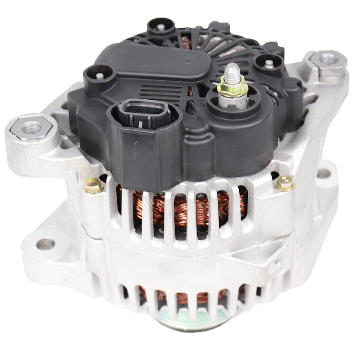 Alternator front with vented fins, black regulator module, copper windings visible