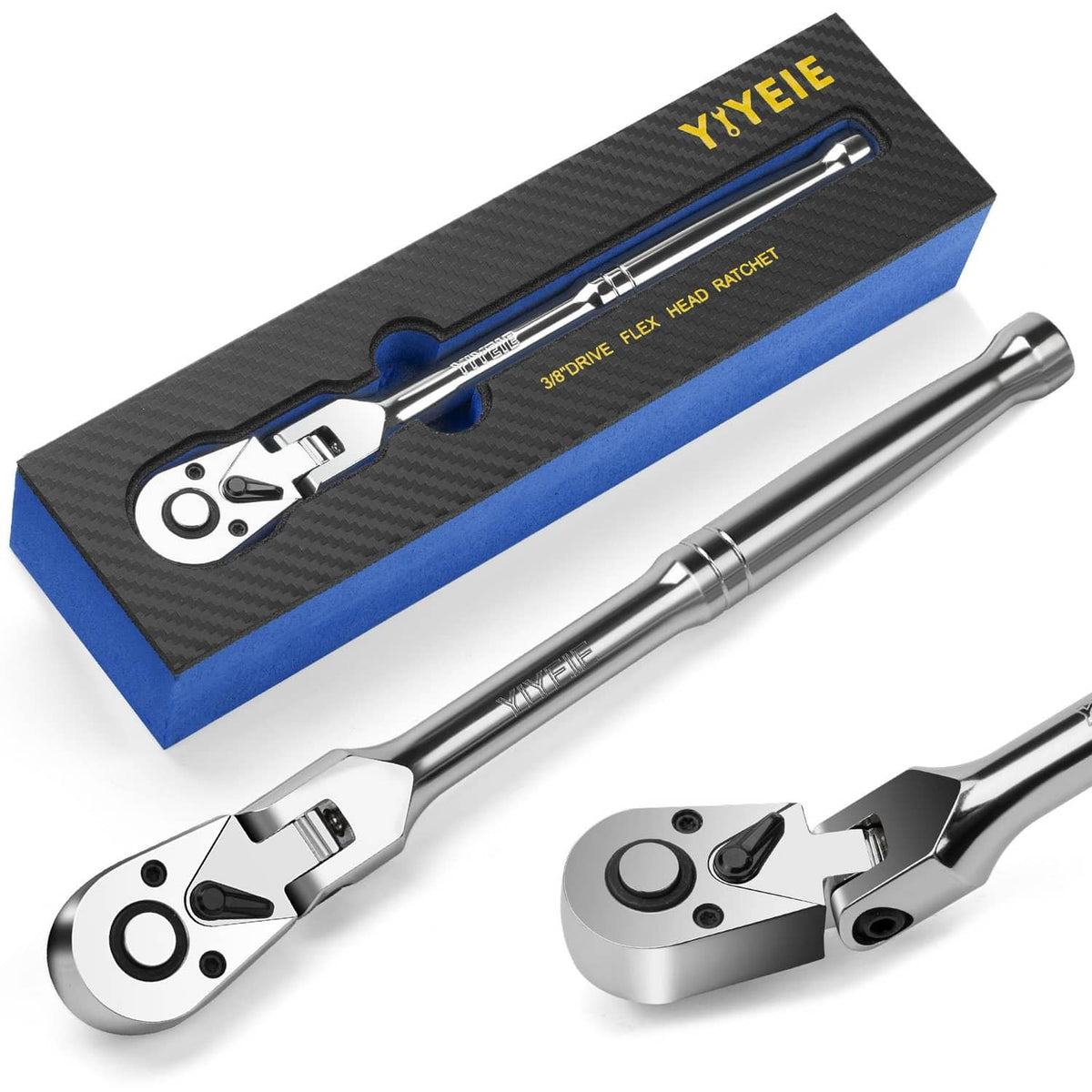 YIYEIE flex-head ratchet wrench, 3/8 in drive, chrome finish, in box