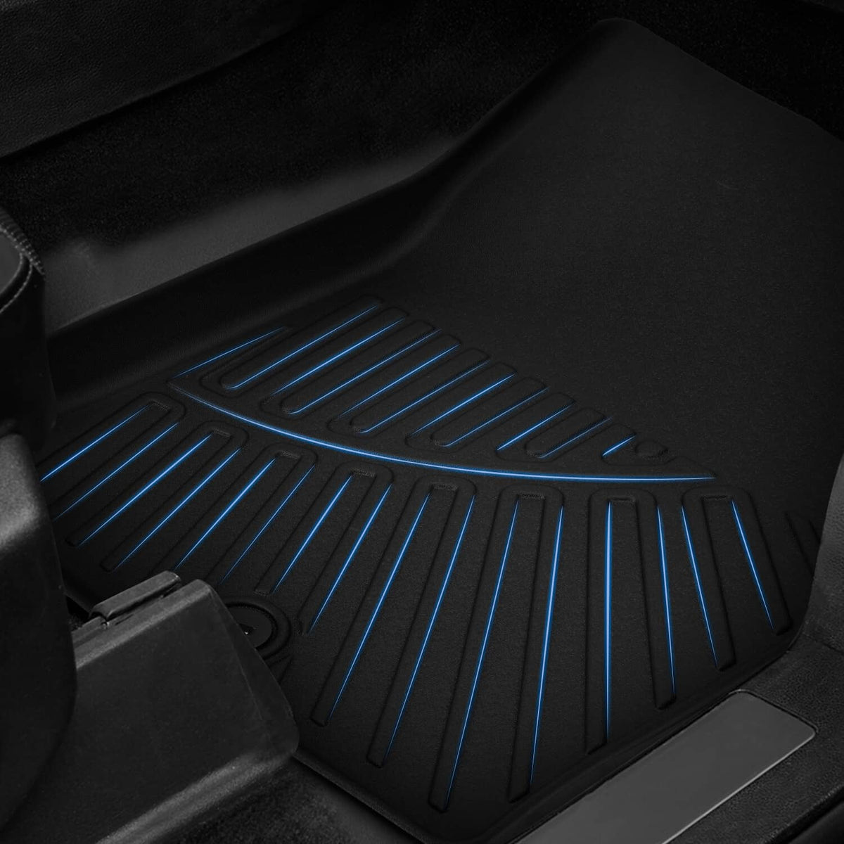 Black TPE floor mat with raised ridges and blue accent lines for grip and coverage