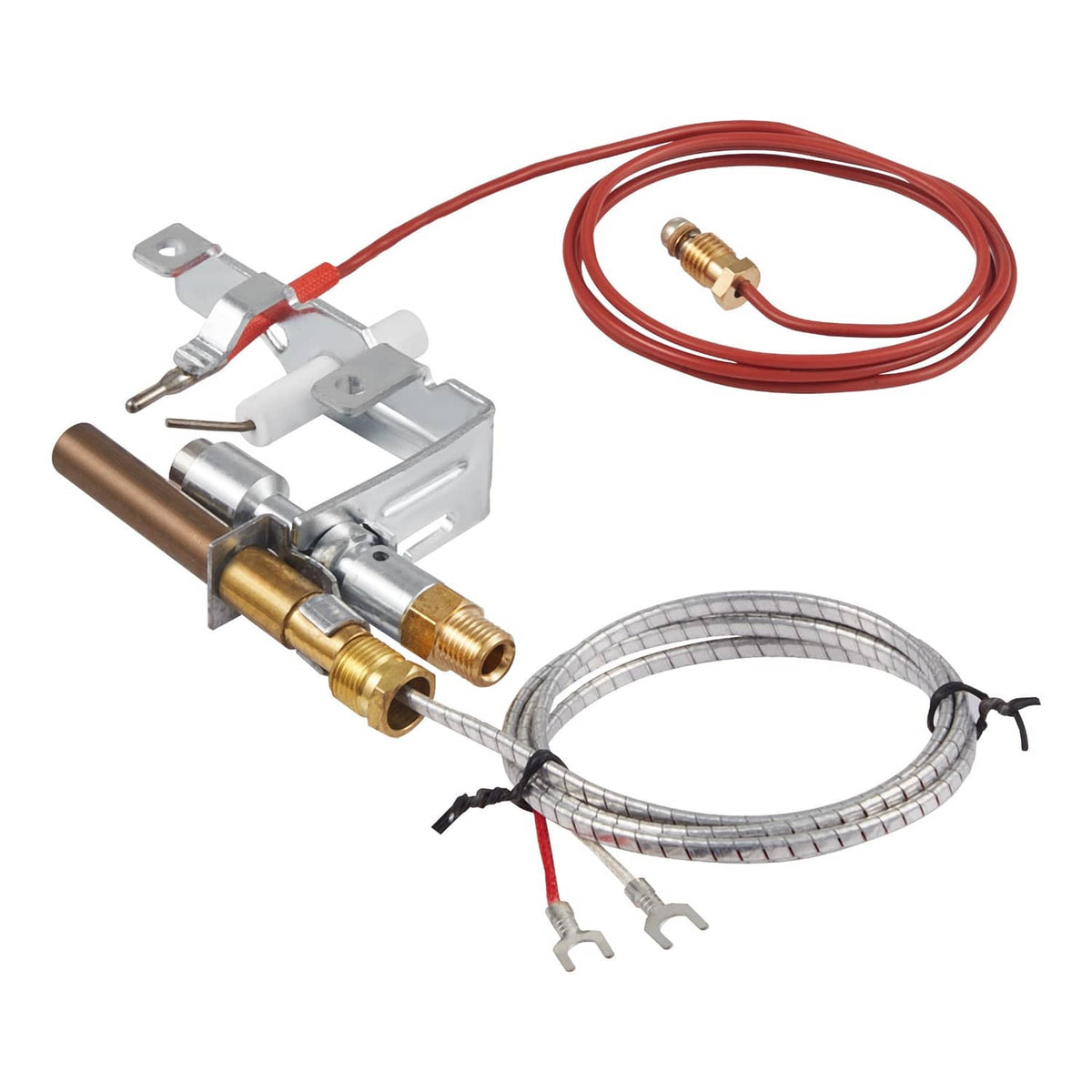 Gas pilot ignition assembly with red/grey braided tubing and brass fittings