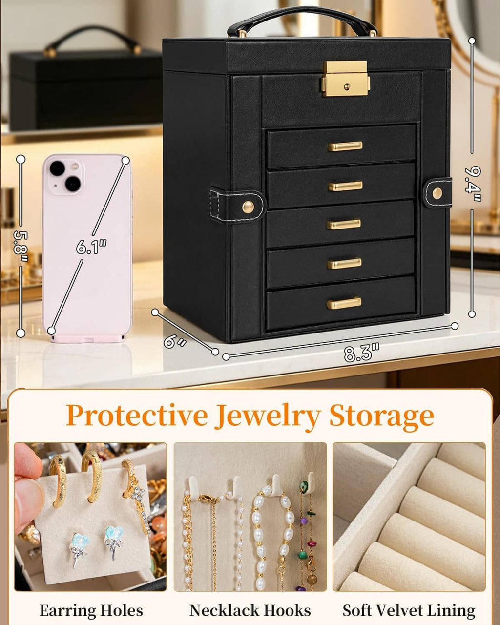 Black leather-look jewelry box with carry handle and drawer storage