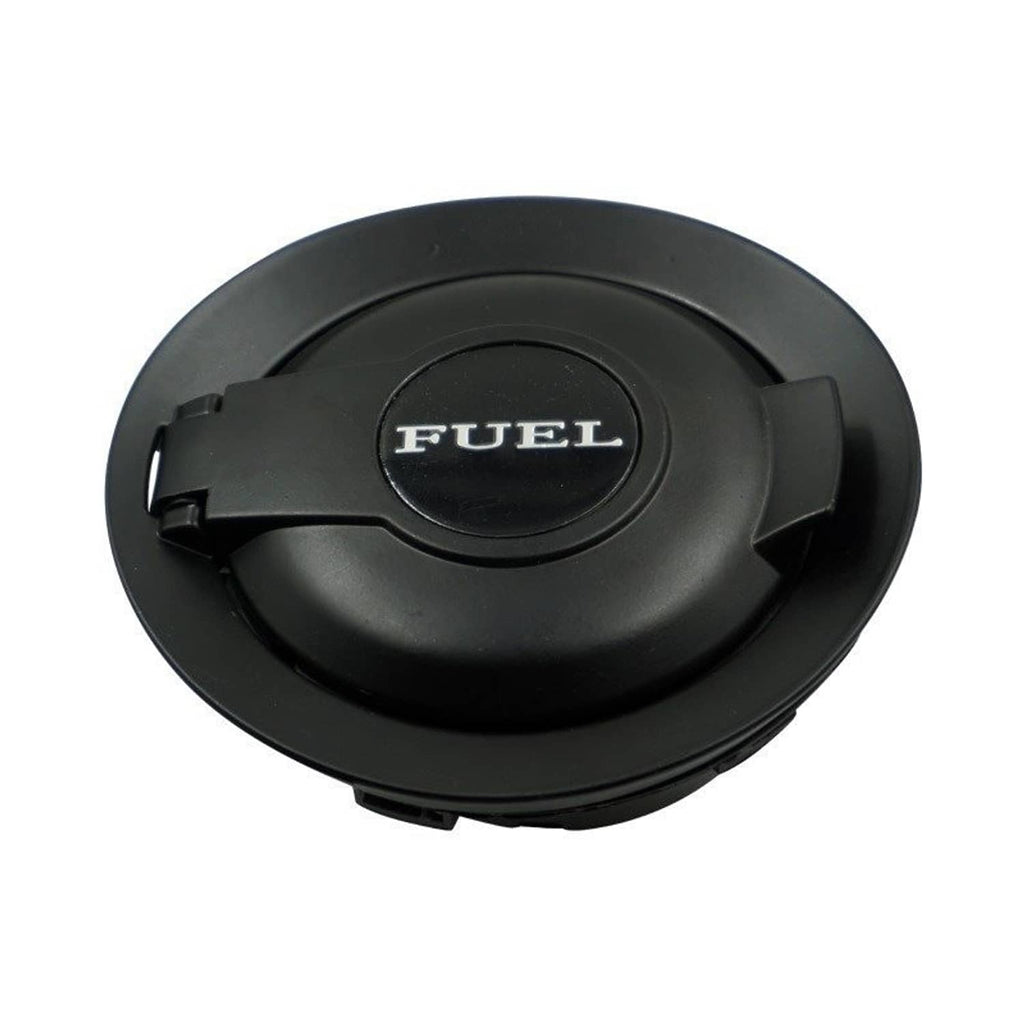 Matte black fuel gas door cover with “FUEL” emblem on the round face