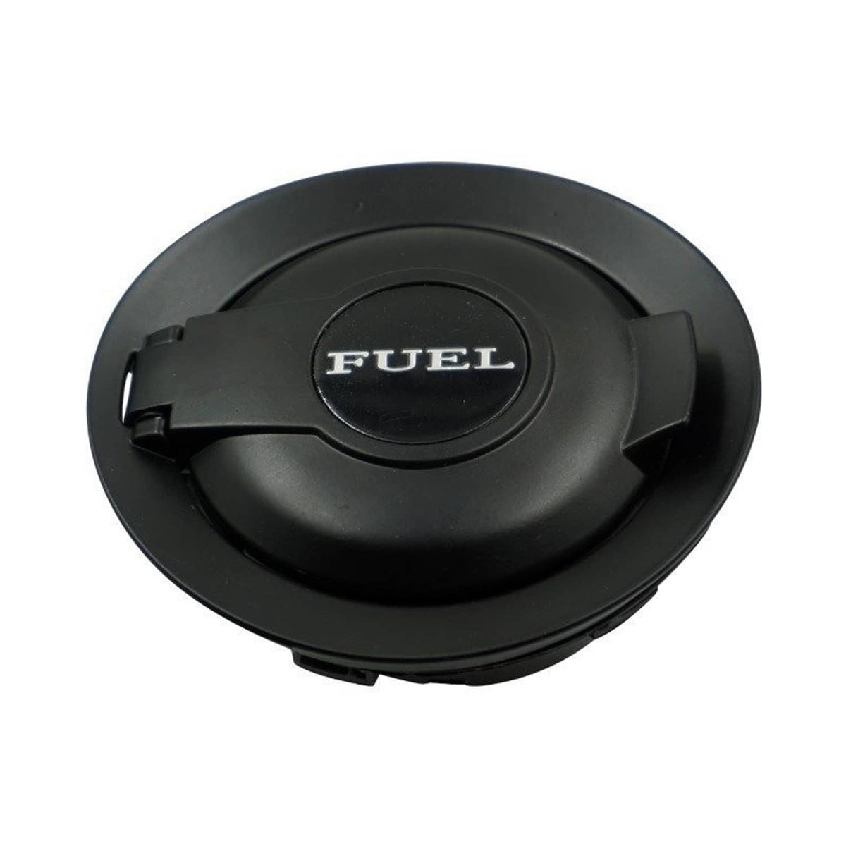 Matte black fuel gas door cover with “FUEL” emblem on the round face