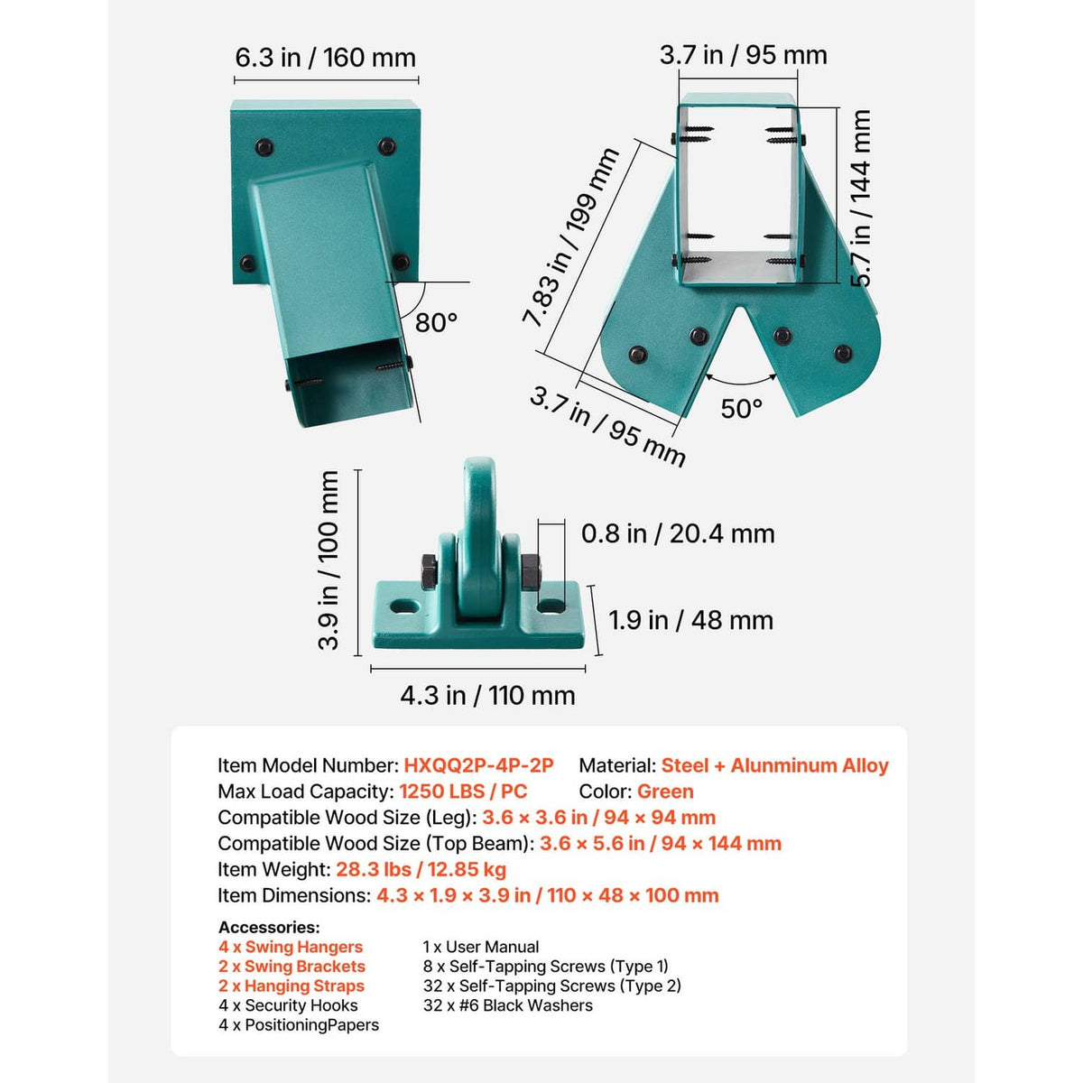 Teal swing set bracket and hanger dimension diagram with labeled sizes